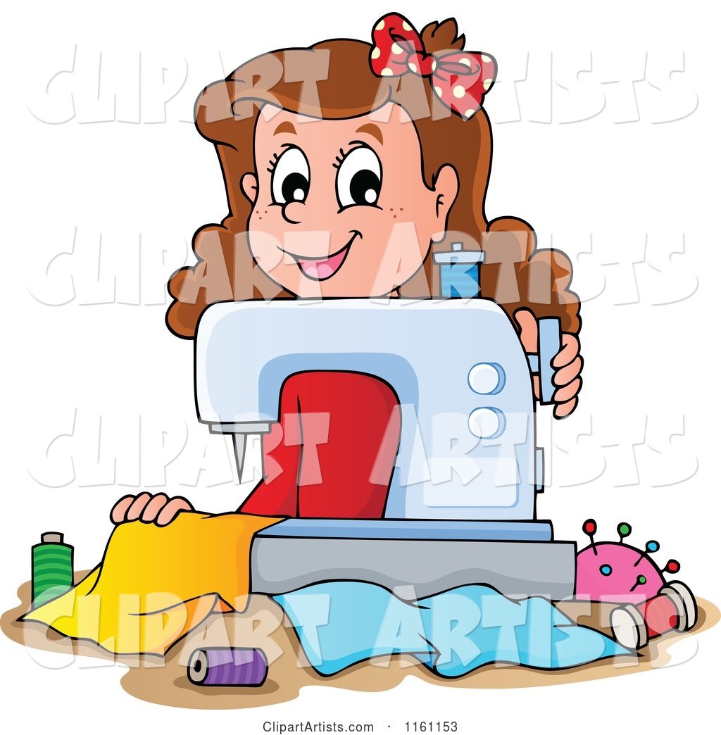 Happy Girl Using a Sewing Machine Clipart by visekart