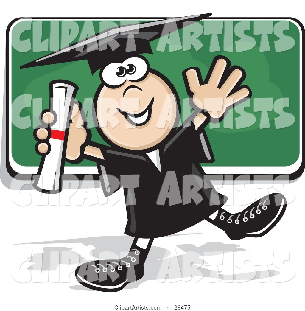Happy Graduate Boy in a Cap and Gown, Dancing with His Diploma in Front of a Chalk Board