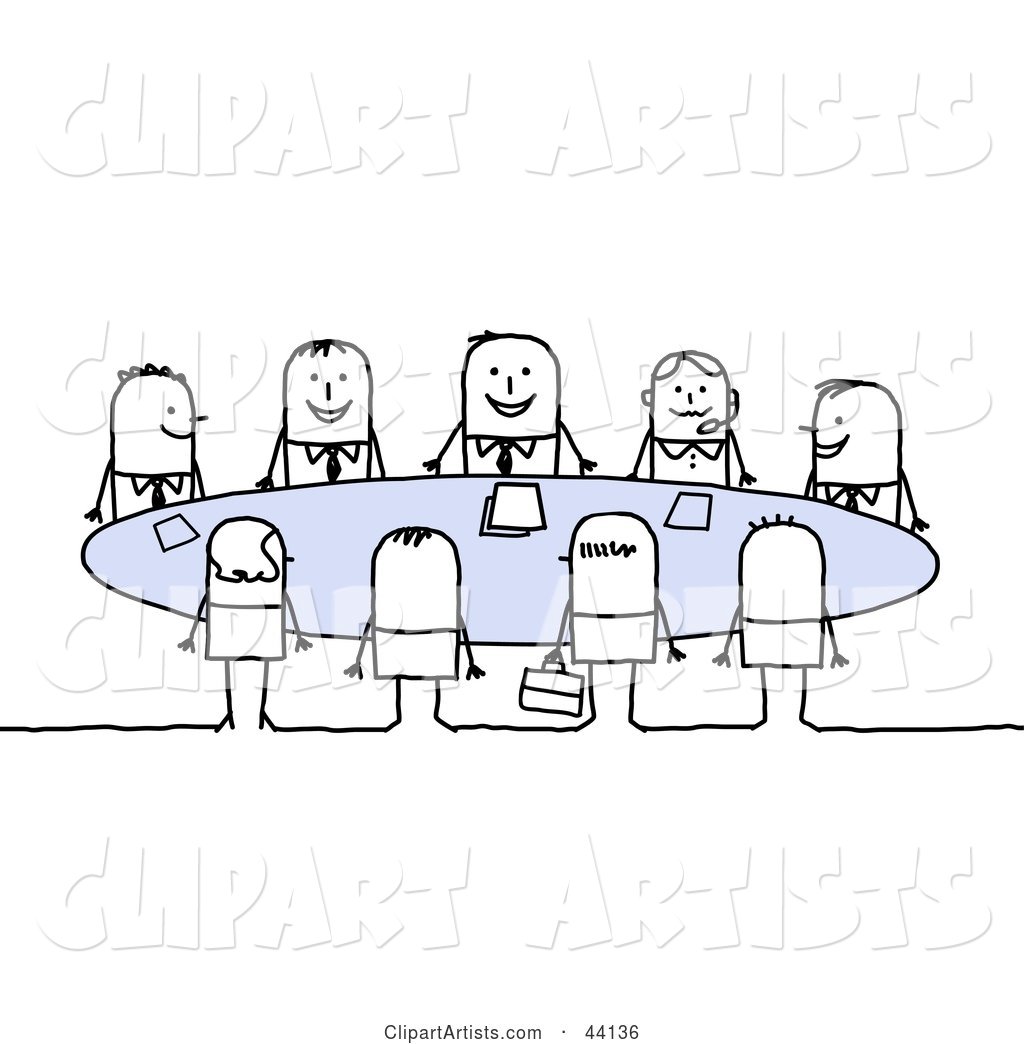Happy Group of Business Stick People Sitting Around a Table in a Meeting