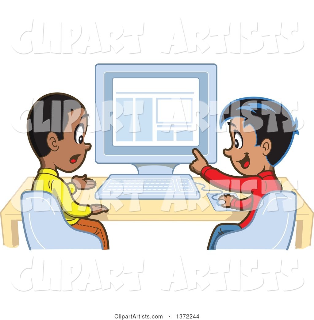 Happy Hispanic Boy Discussing Something with a Black Boy at a Computer