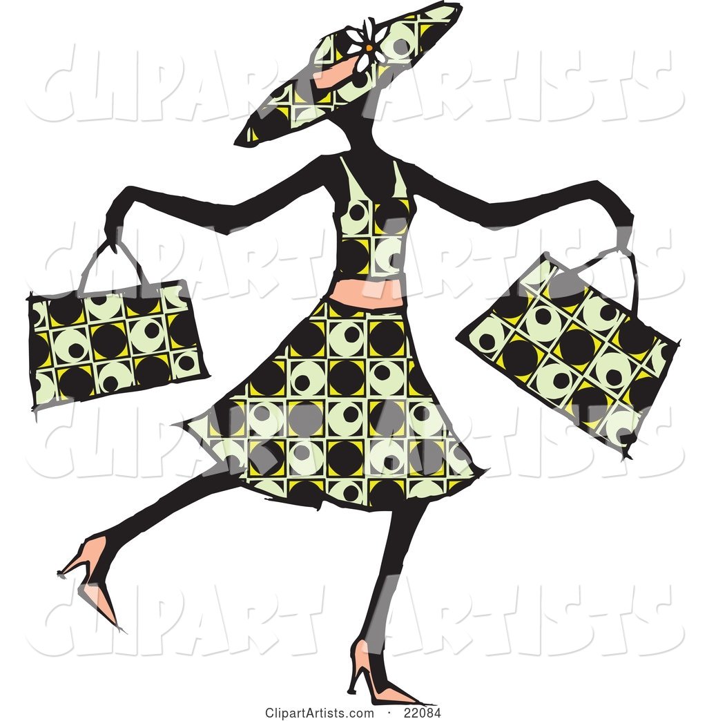 Happy Lady in a Patterned Dress, Hat and Heels, Waltzing past and Carrying Two Shopping Bags