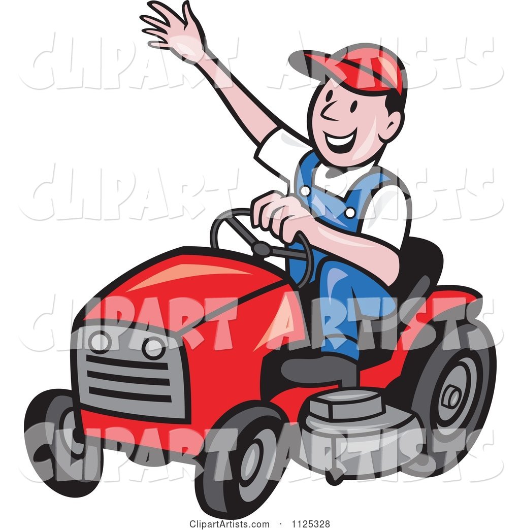Happy Landscaper Waving and Operating a Lawn Mower