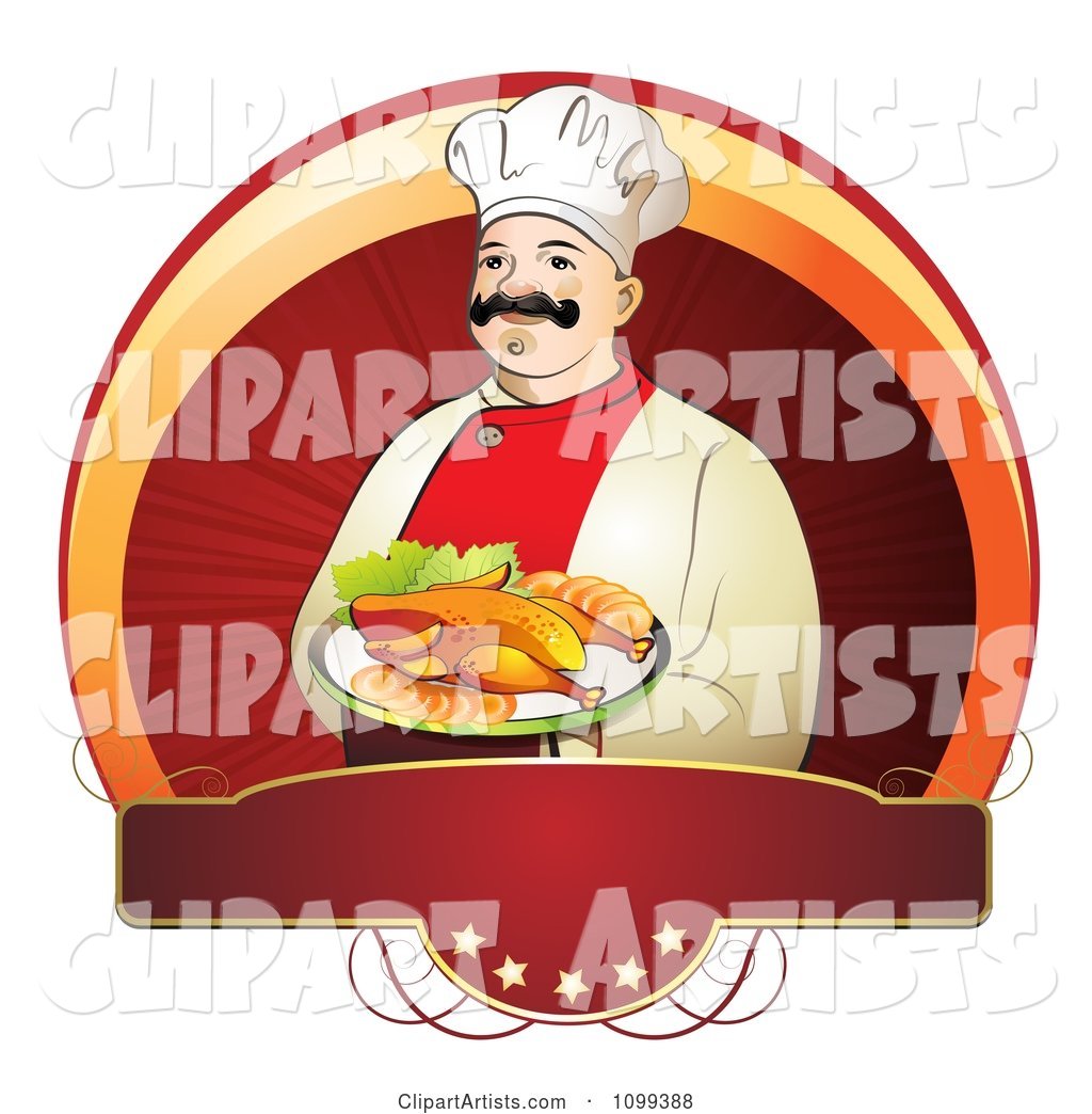 Happy Male Chef Serving Chicken over a Circle with a Red Five Star Blank Banne