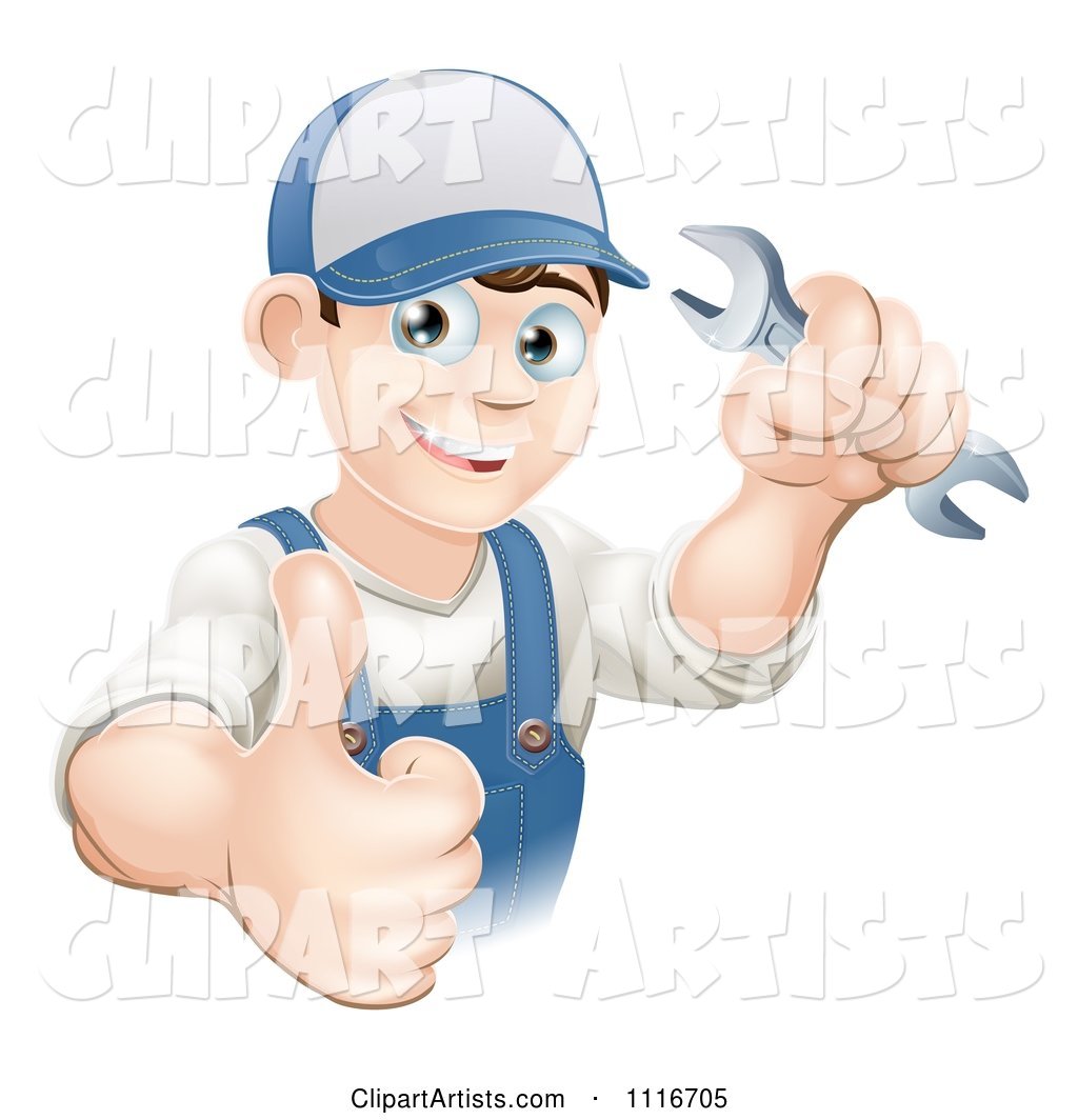 Happy Mechanic Plumber or Handy Man WorkerHolding a Thumb up and a Wrench