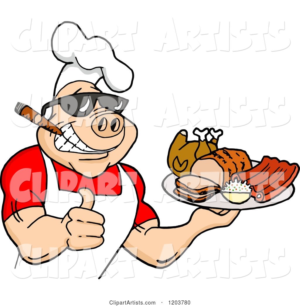 Happy Muscular Chef Pig Wearing a Hat and Sunglasses, Smoking a Cigar, Holding a Thumb up and a Plate of Bbq Meats