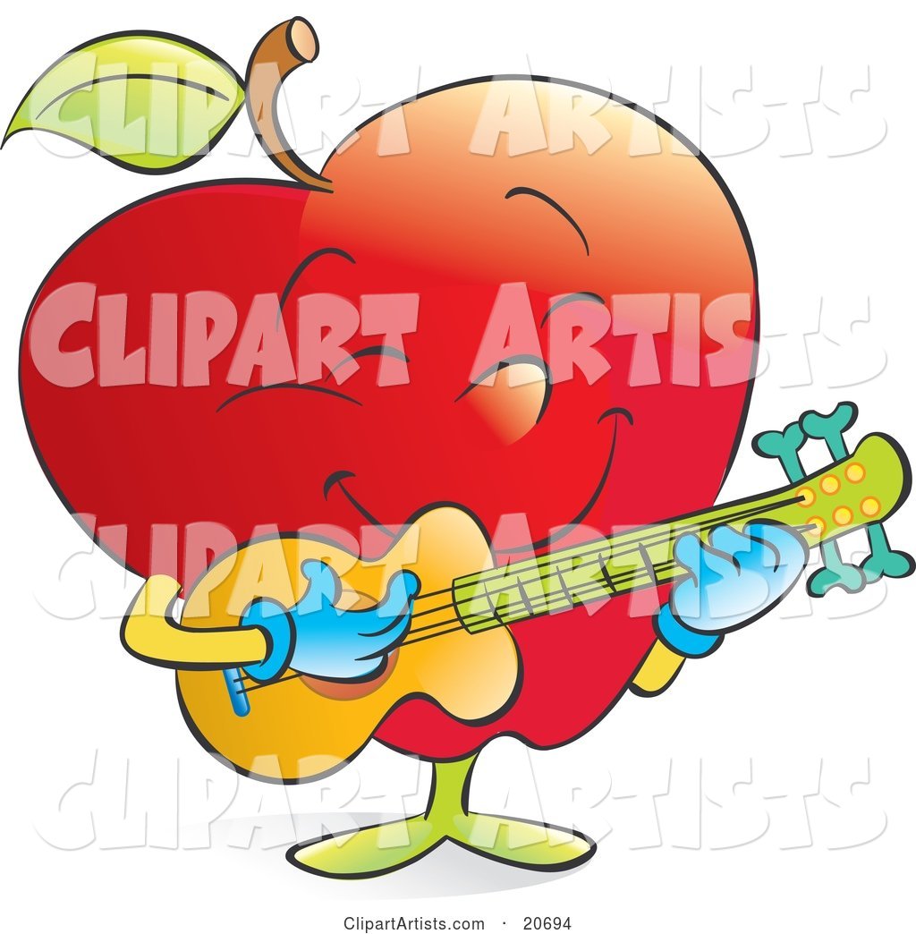Happy Musical Red Apple Strumming a Guitar