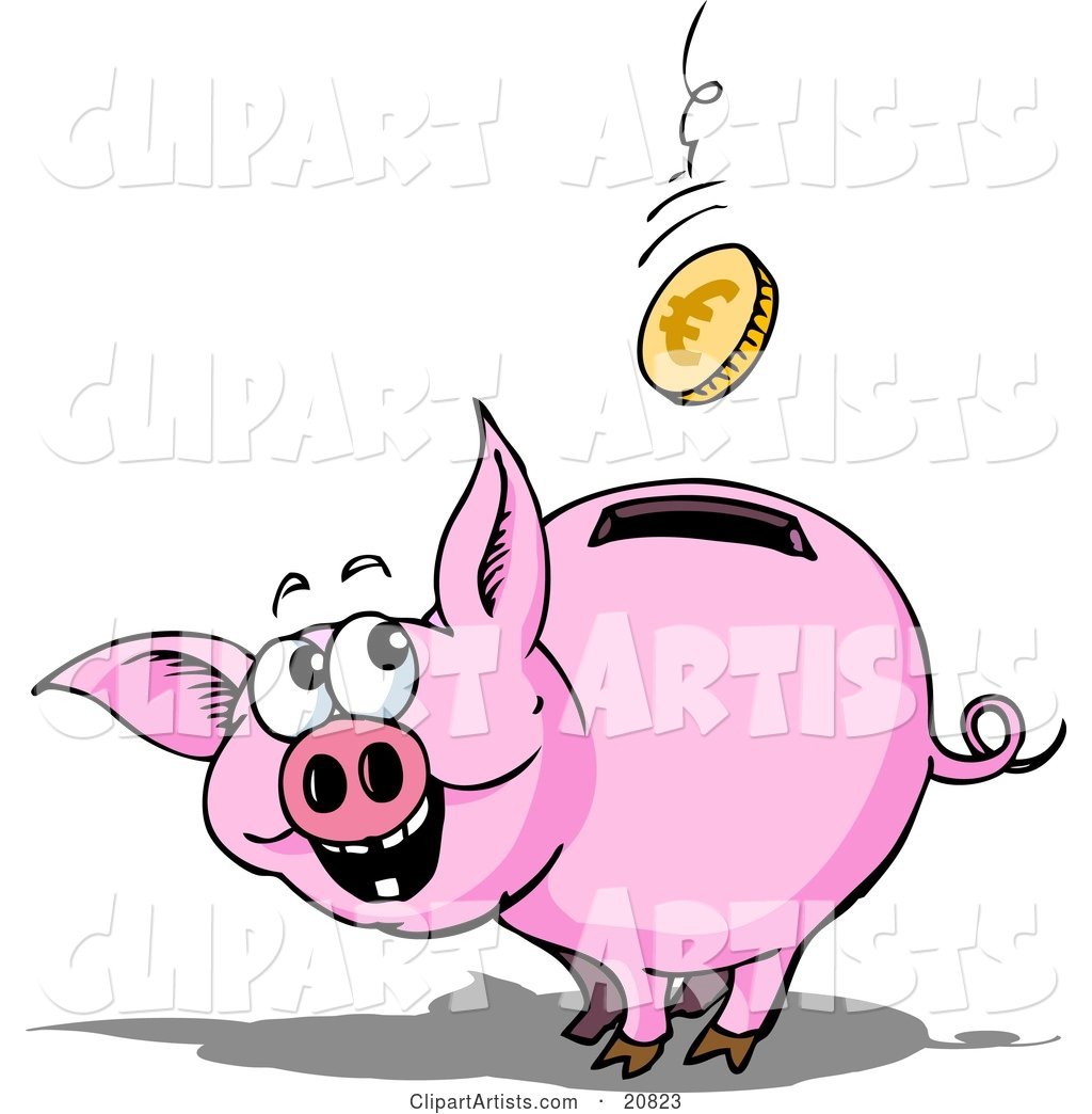 Happy Piggy Bank Watching a Euro Coin Fall into the Slot in Its Back
