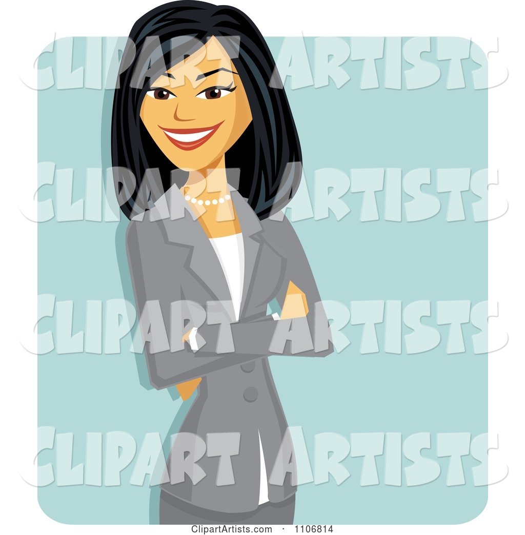 Happy Professional Asian Business Woman with Folded Arms over a Blue Square