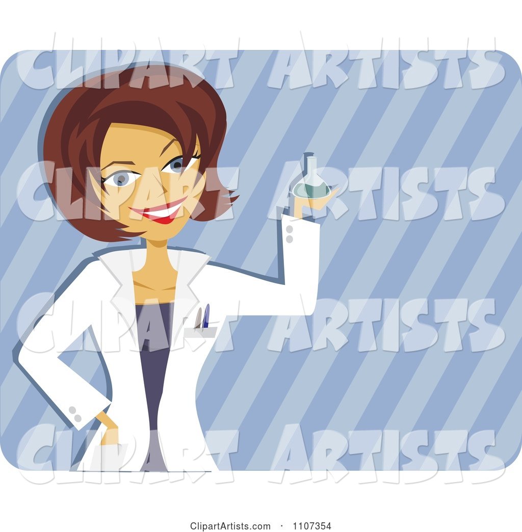 Happy Scientist Woman Holding up a Beaker over Stripes