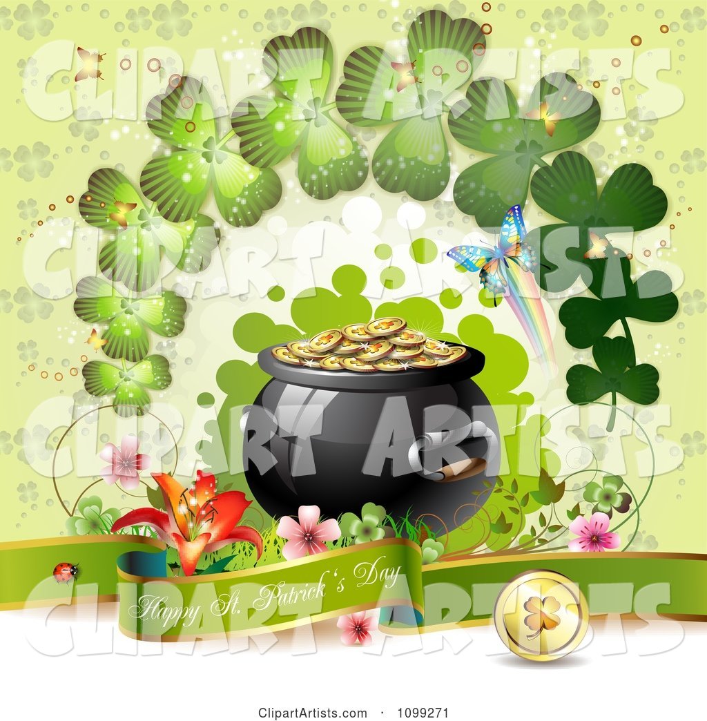 Happy St Patricks Day Greeting with a Pot of Gold Butterflies and Shamrock Arch