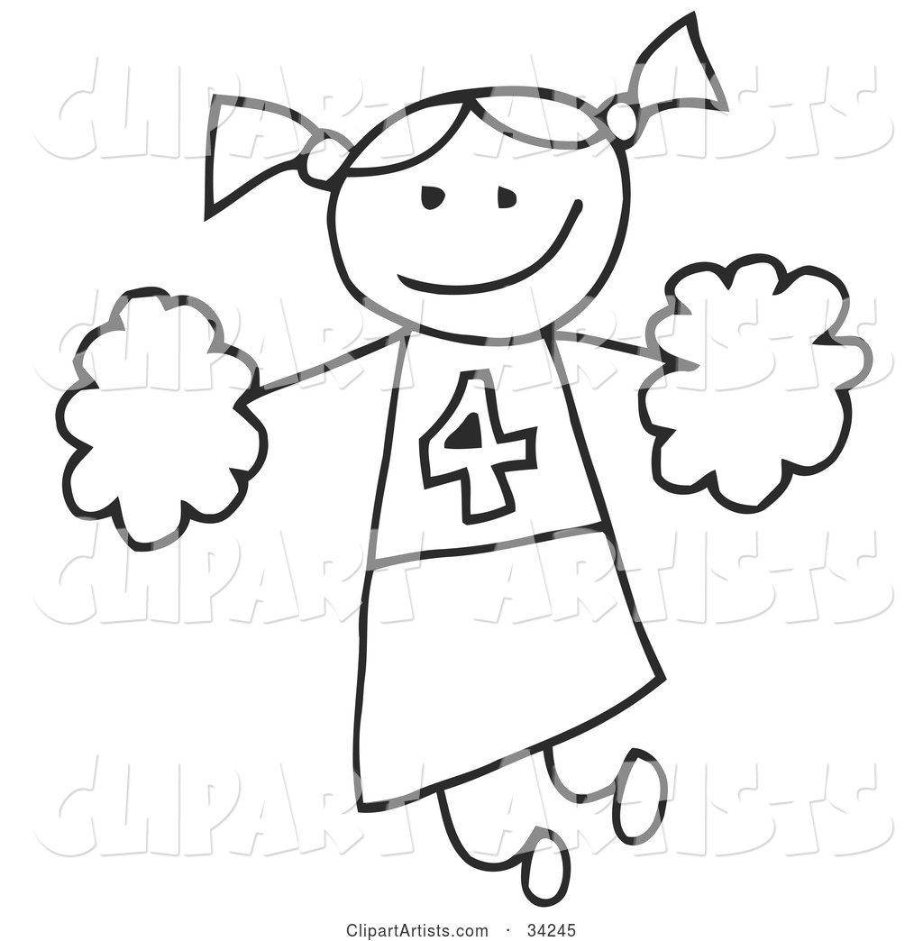 Happy Stick Cheerleader Girl Holding Pom Poms