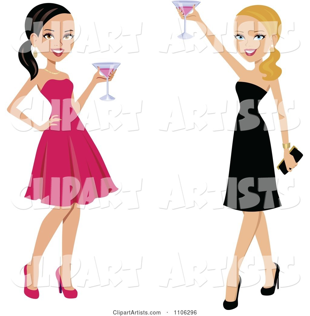 Happy Toasting Ladies in Black and Pink Dresses