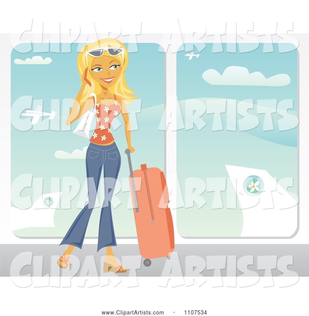 Happy Traveling Blond Woman Talking on Her Cell Phone at an Airport