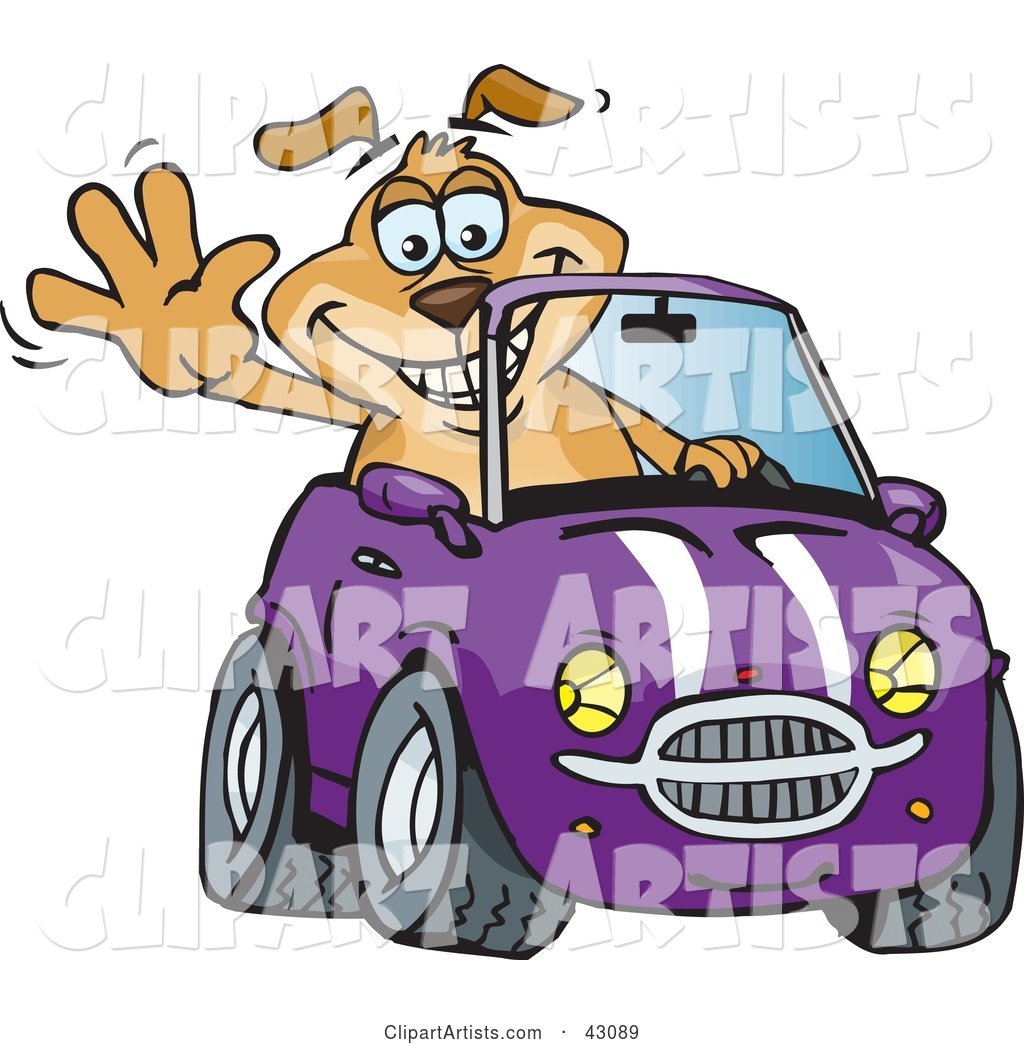 Happy Waving Dog Driving a Purple Convertible Car