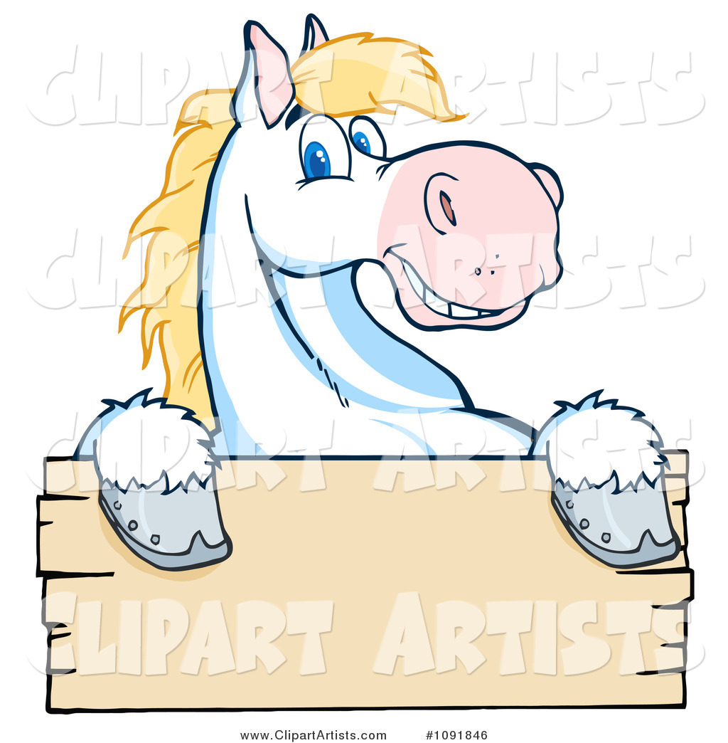 Happy White and Blond Horse over a Wooden Sign