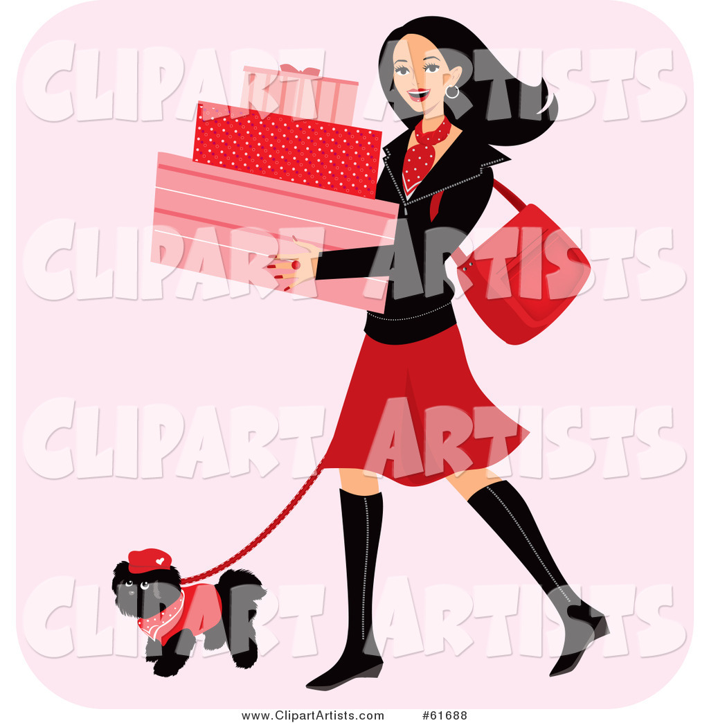 Happy Woman Carrying Boxes and Walking Her Dog While Shopping