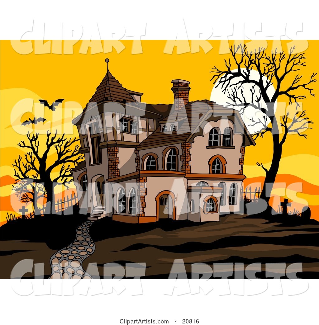 Haunted Spooky Halloween Mansion at Sunset with Flying Bats, Bare Trees and Silhouetted Headstones