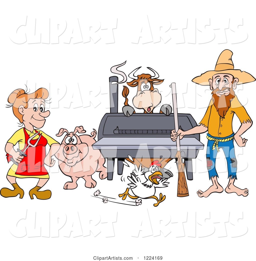 Hillbilly Couple by a Bbq Smoker with a Cow Chicken and Pig