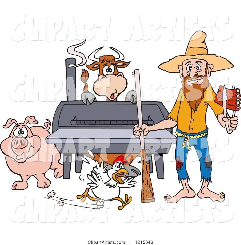 Hillbilly Man with a Rifle, Holding Ribs by a Bbq Smoker with a Cow Chicken and Pig
