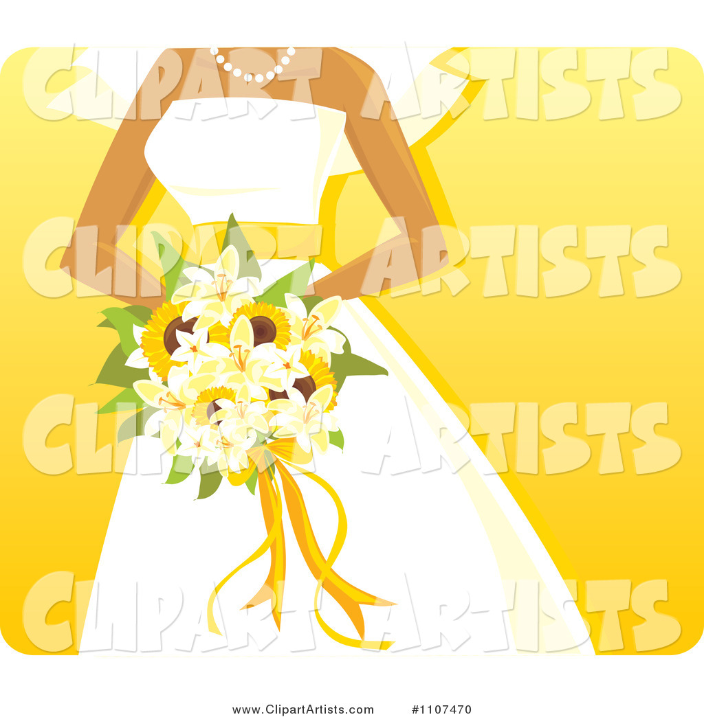 Hispanic Bride Holding a Sunflower and Lily Bouquet over Yellow