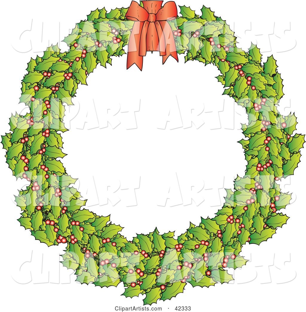 Holly Christmas Wreath with a Red Bow