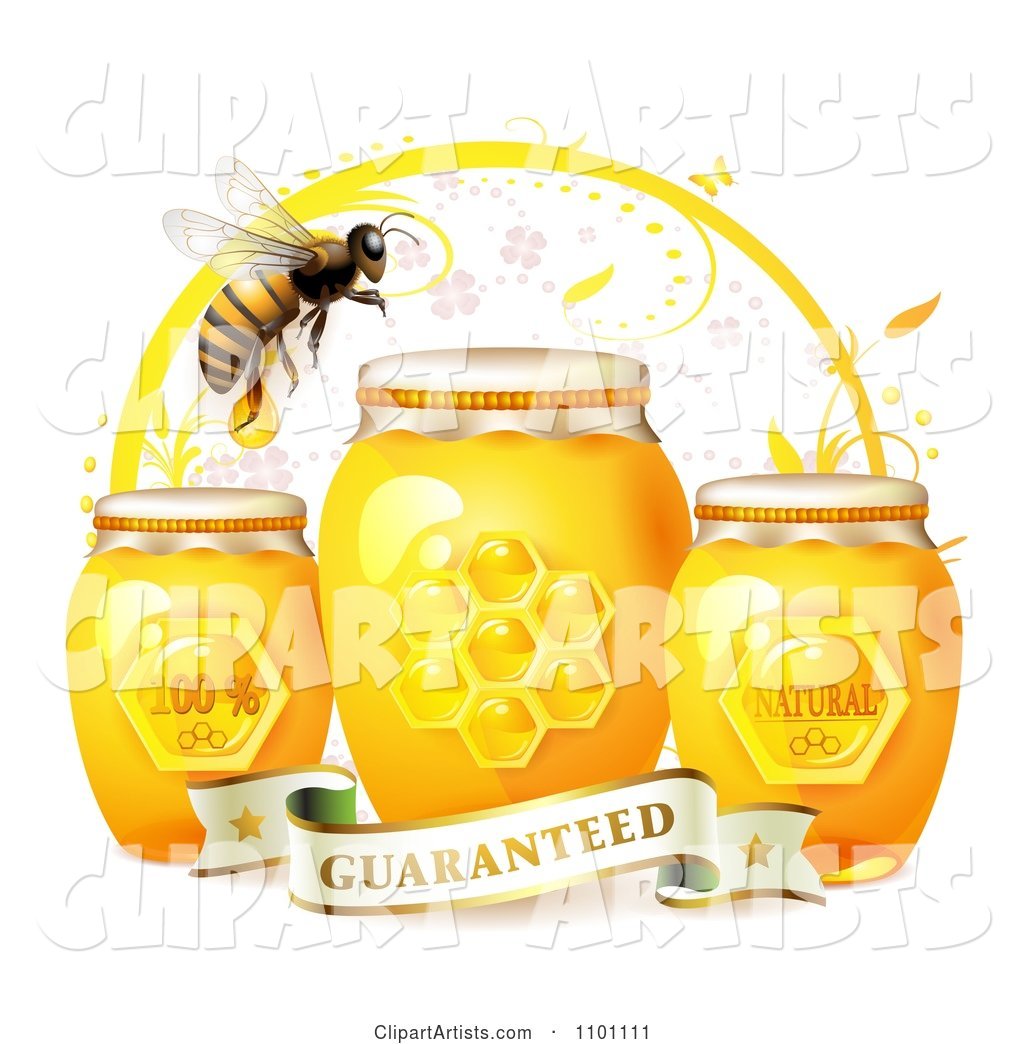 Honey Bee over Three Natural Jars of Honey and a Guaranteed Banner