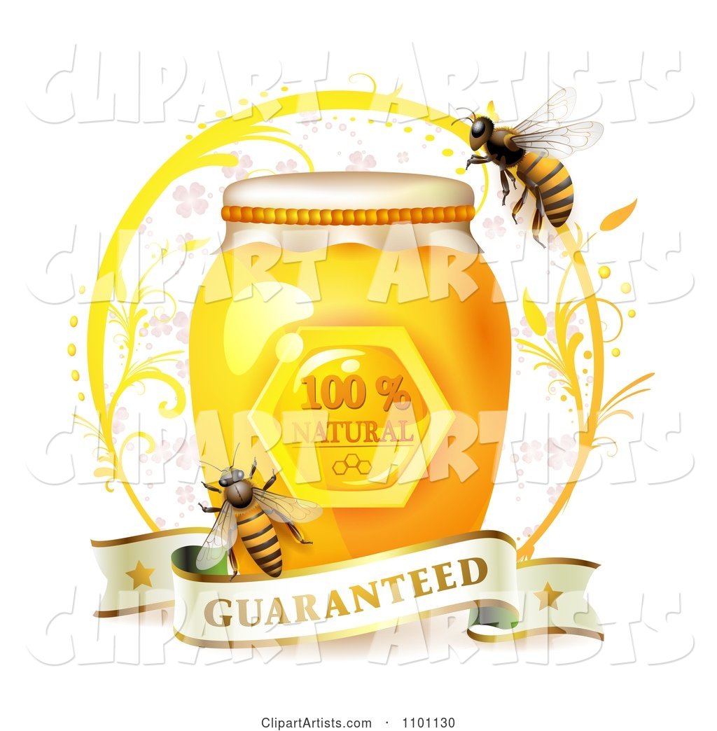 Honey Bees over a Jar with a Guaranteed Banner