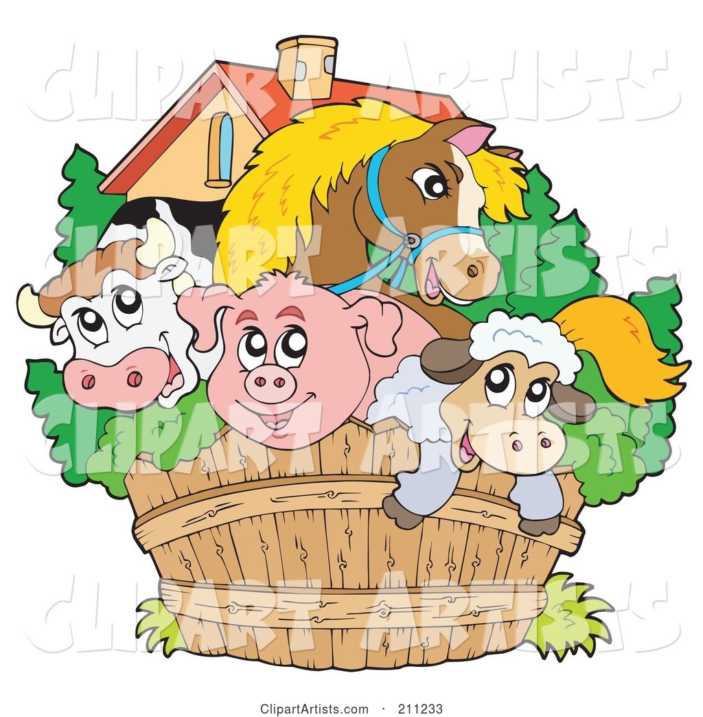 Horse, Bull, Pig and Sheep Looking over a Wooden Farm Fence