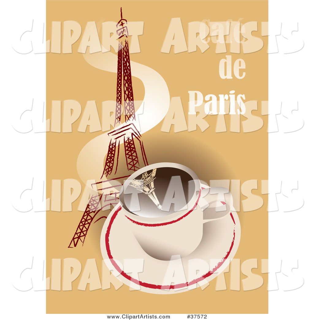 Hot Cup of Coffee with Steam Winding up the Eiffel Tower on a Cafe De Paris Background