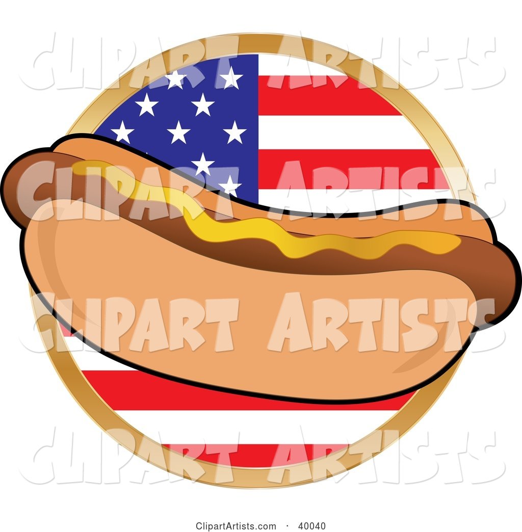 Hot Dot in a Bun, Garnished with Mustard, in Front of a Circular American Flag