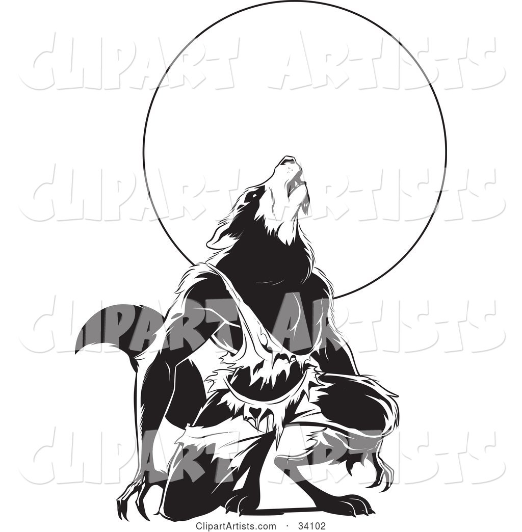 Howling Wolfman in Torn Clothes, Kneeling in Front of a Full Moon