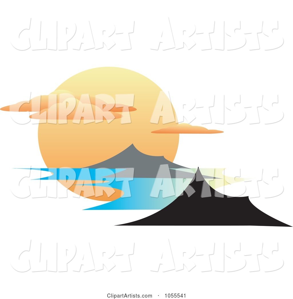 Huge Sun Setting with Clouds and Mountainous Islands