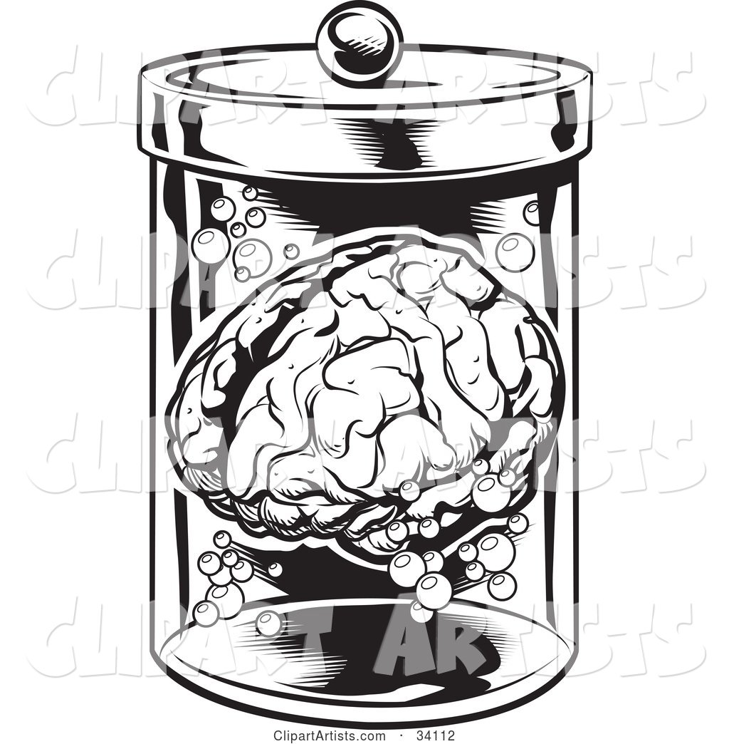 Human Brain and Bubbles Floating in a Specimen Jar in a Research Laboratory