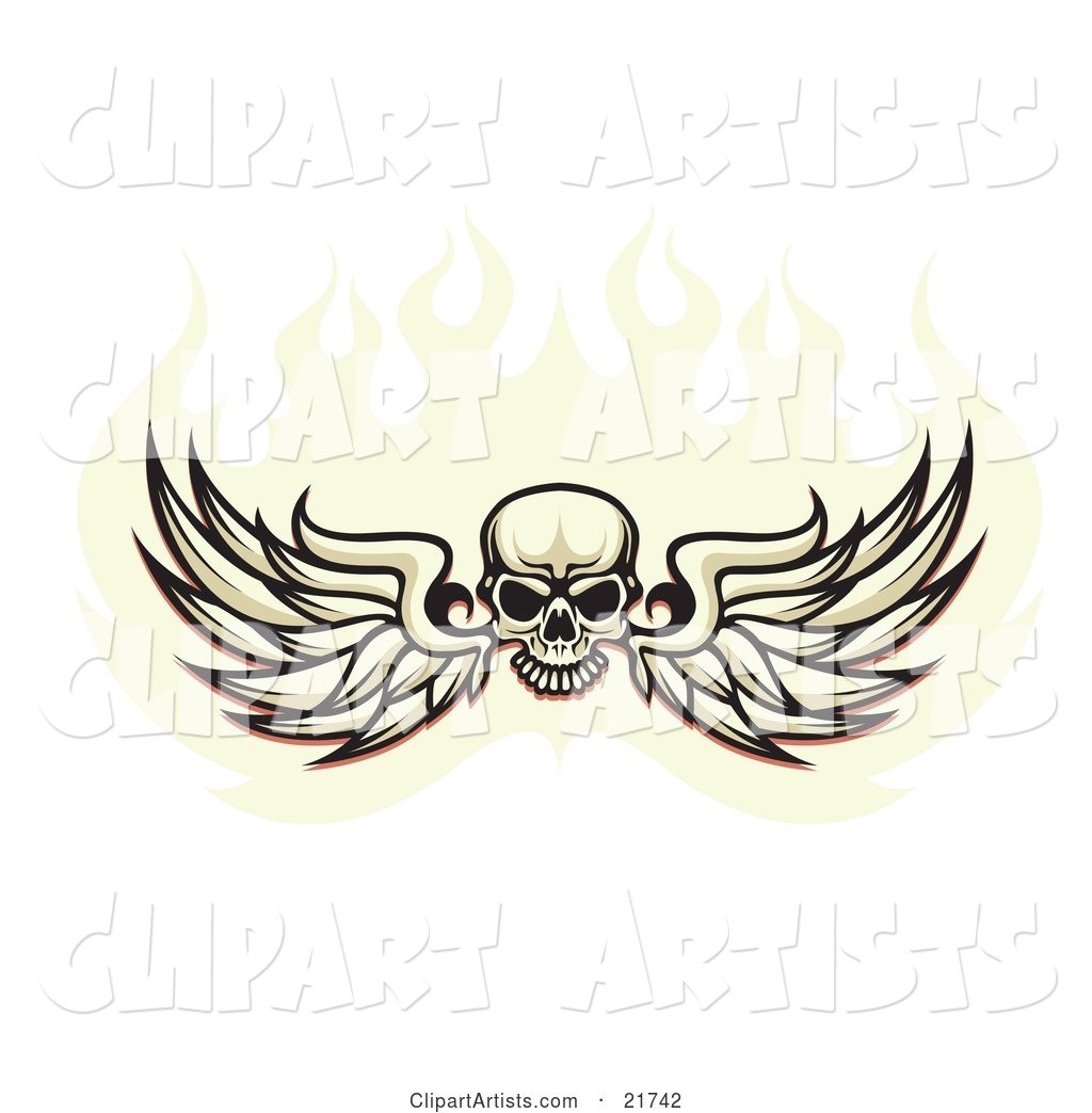 Human Skull Spanning Feathered Wings and Flying in a Ball of Fire, on a White Background