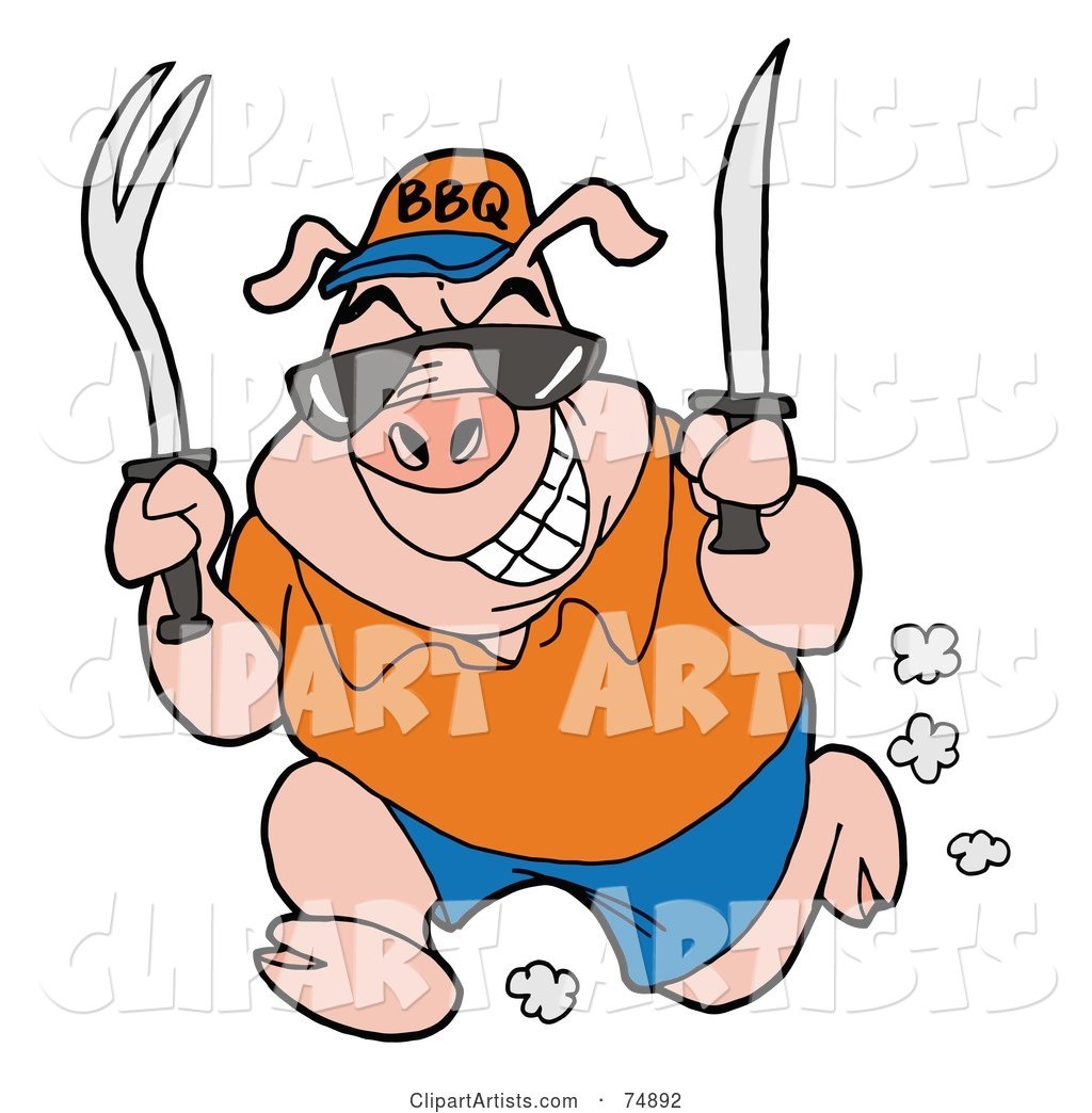 Hungry Male Pig Running with a Fork and Knife