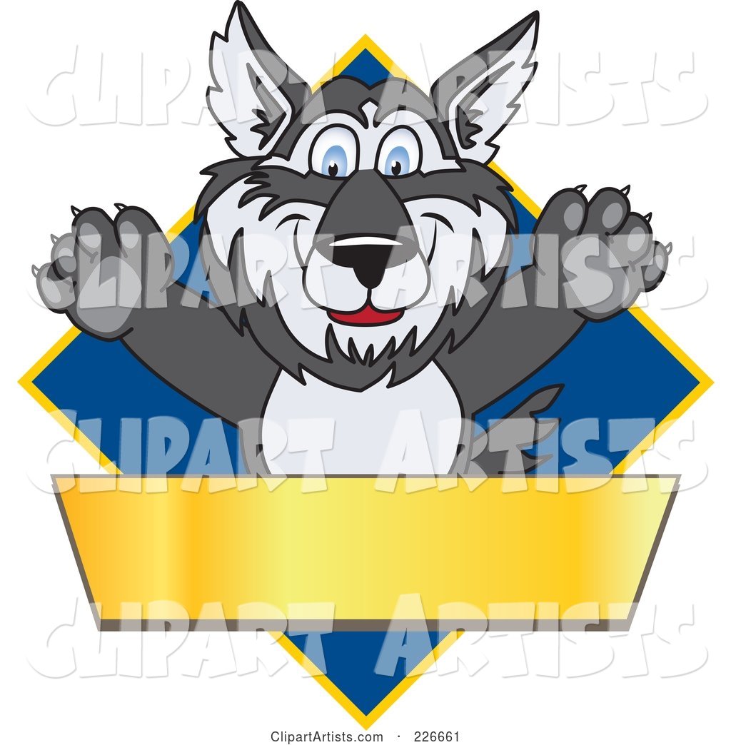 Husky School Mascot Logo over a Blue Diamond with a Blank Gold Banner