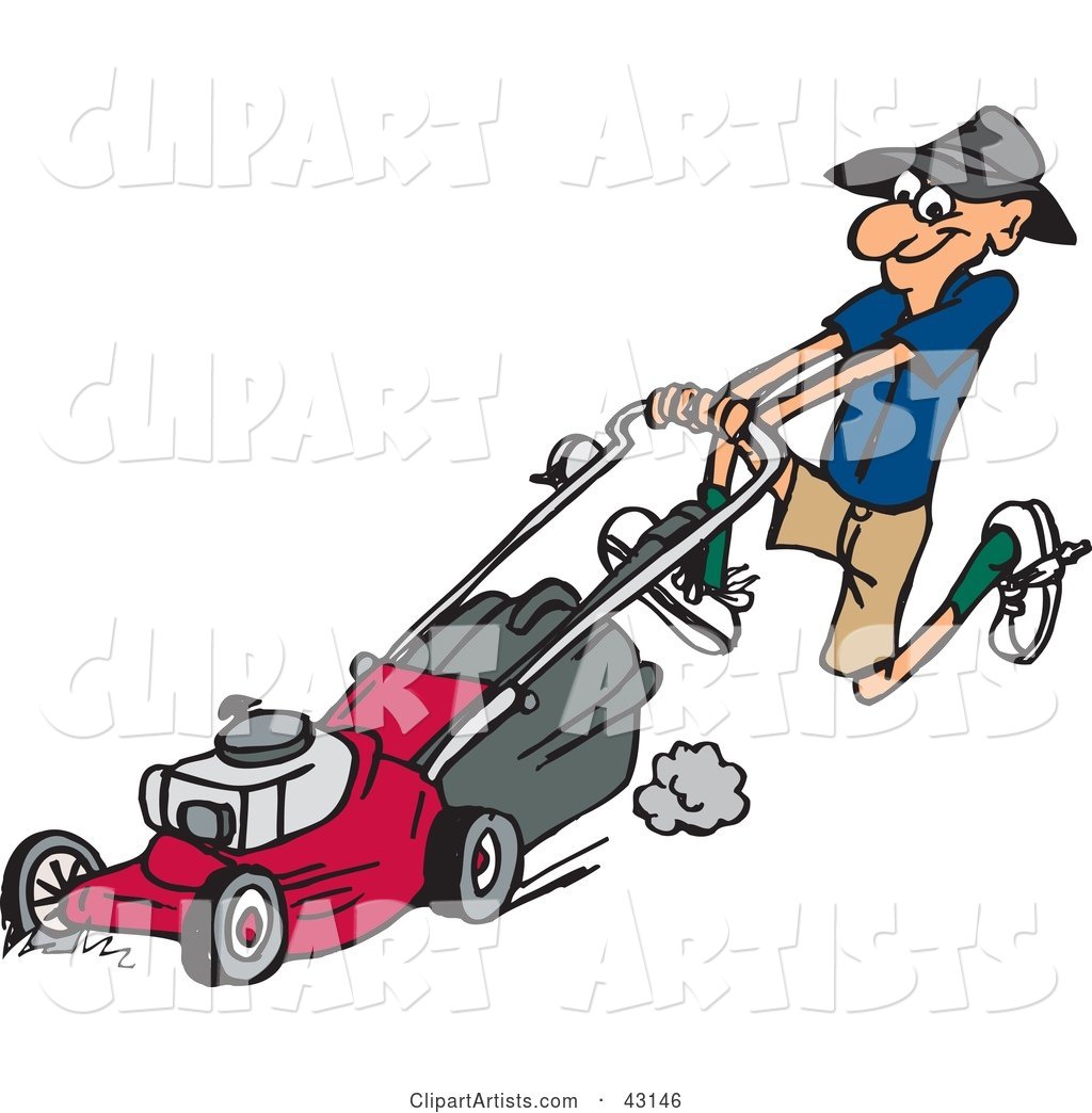 Hyper Man Running and Pushing a Red Lawn Mower