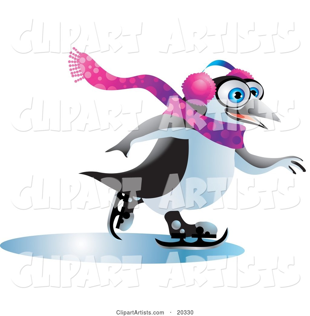 Jolly Blue Eyed Penguin Wearing Ear Muffs and a Scarf, Having Fun While Ice Skating on Frozen Water on a Winter Day