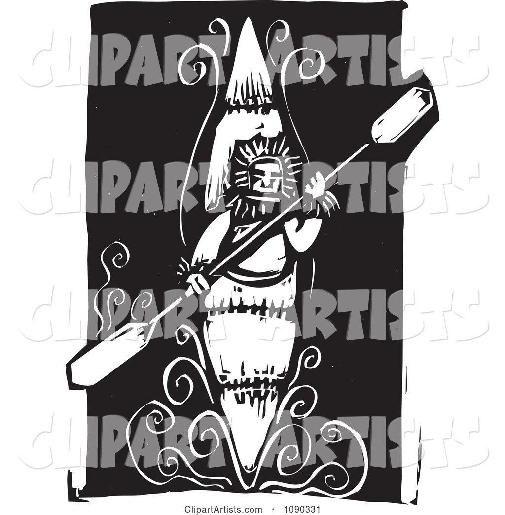 Kayaker Holding a Paddle Black and White Woodcut
