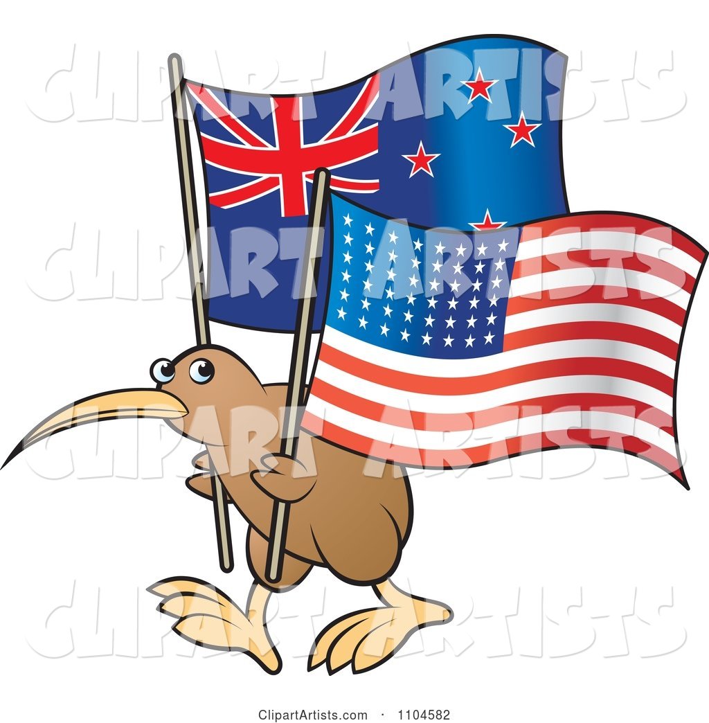 Kiwi Bird with New Zealand and American Flags