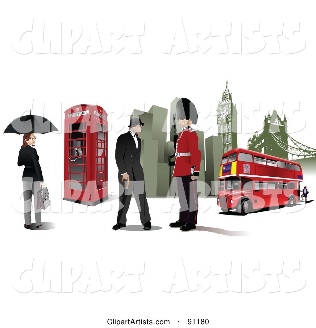 Lady, Phone Booth, Gentleman, Guard, Buildings and Double Decker in London
