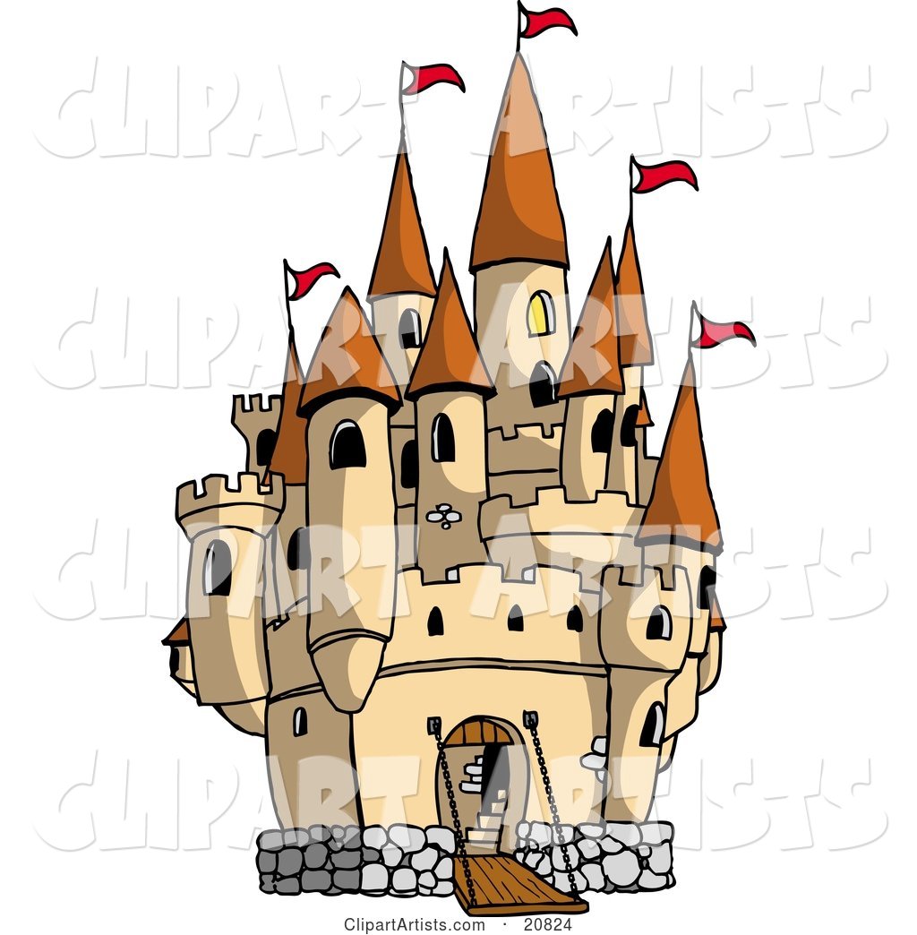 Large Castle with the Gate down for Visiters and Red Flags Flying from the Towers