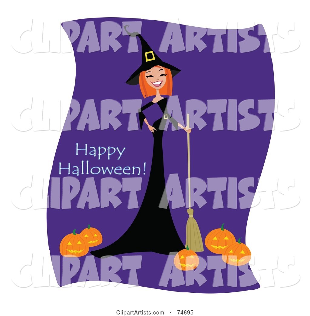 Laughing Red Haired Witch with a Broom and Pumpkins, with Happy Halloween Text
