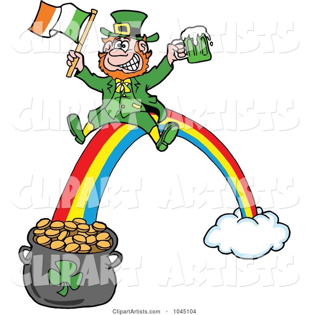 Leprechaun Holding Beer and an Irish Flag While Sliding down a Rainbow