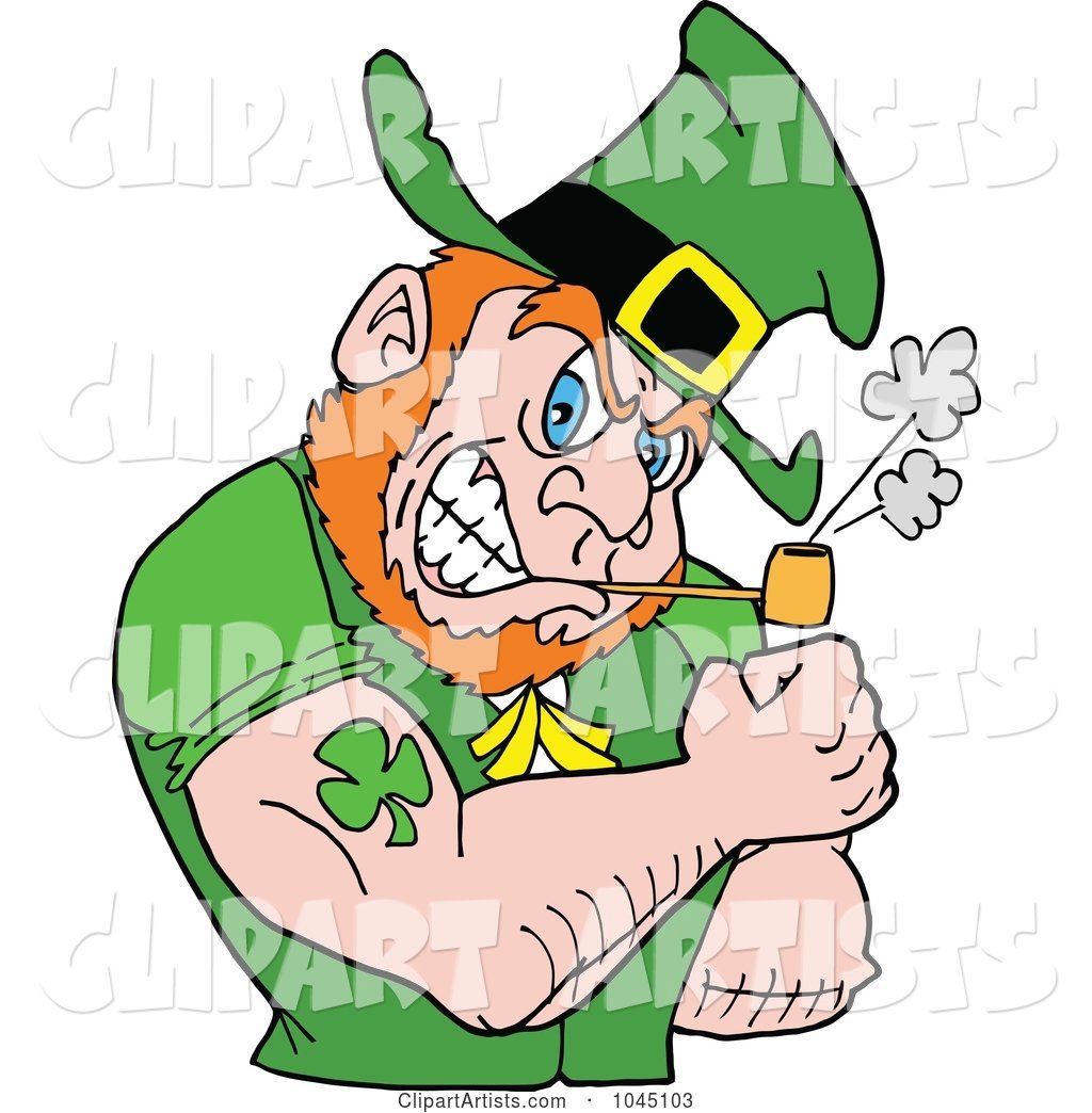 Leprechaun Smoking a Pipe and Flexing His Tattooed Arm