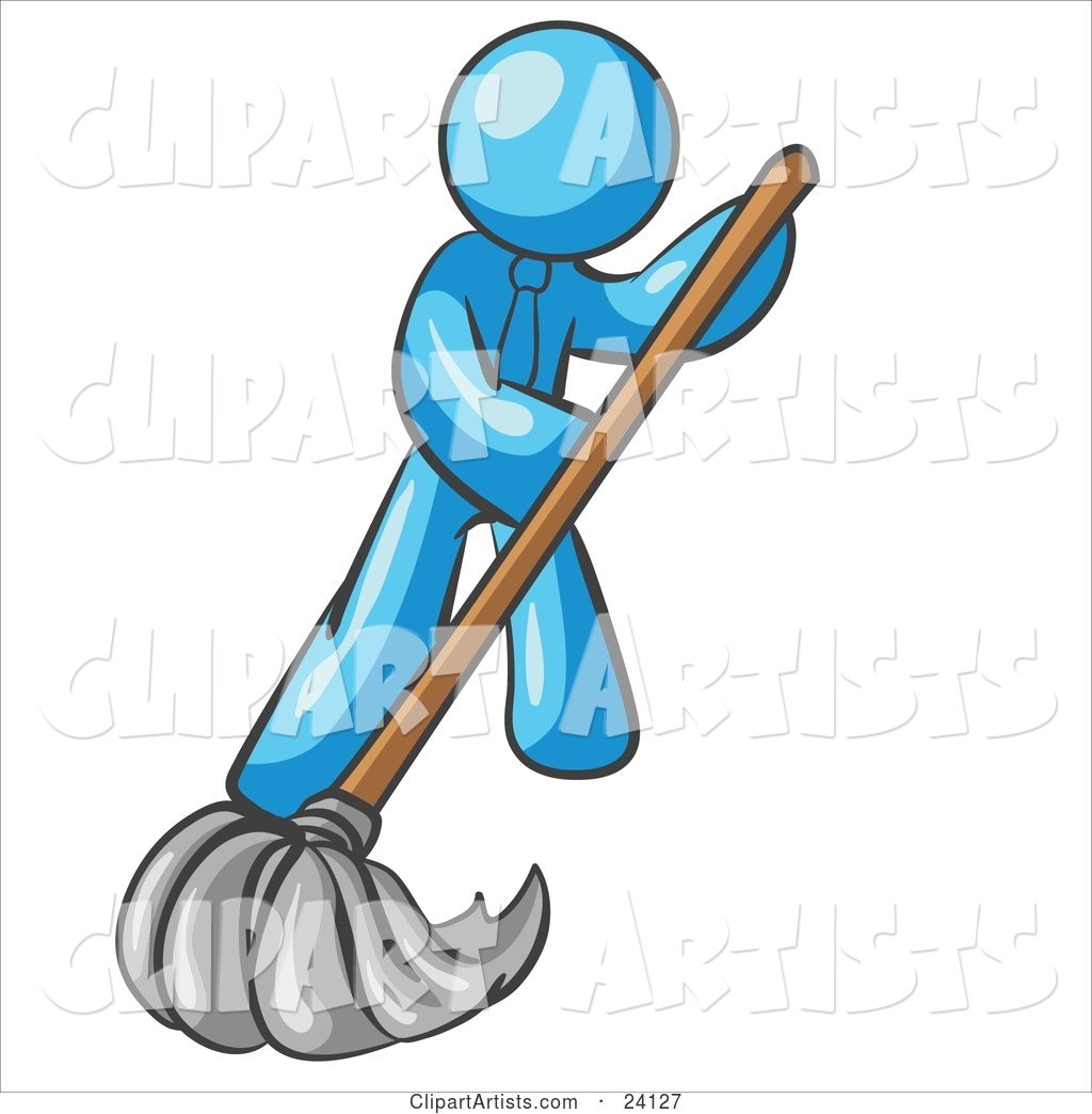 Light Blue Man Wearing a Tie, Using a Mop While Mopping a Hard Floor to Clean up a Mess or Spill