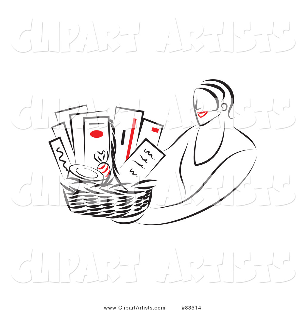 Line Drawing of a Red Lipped Woman Holding out a Gift Basket