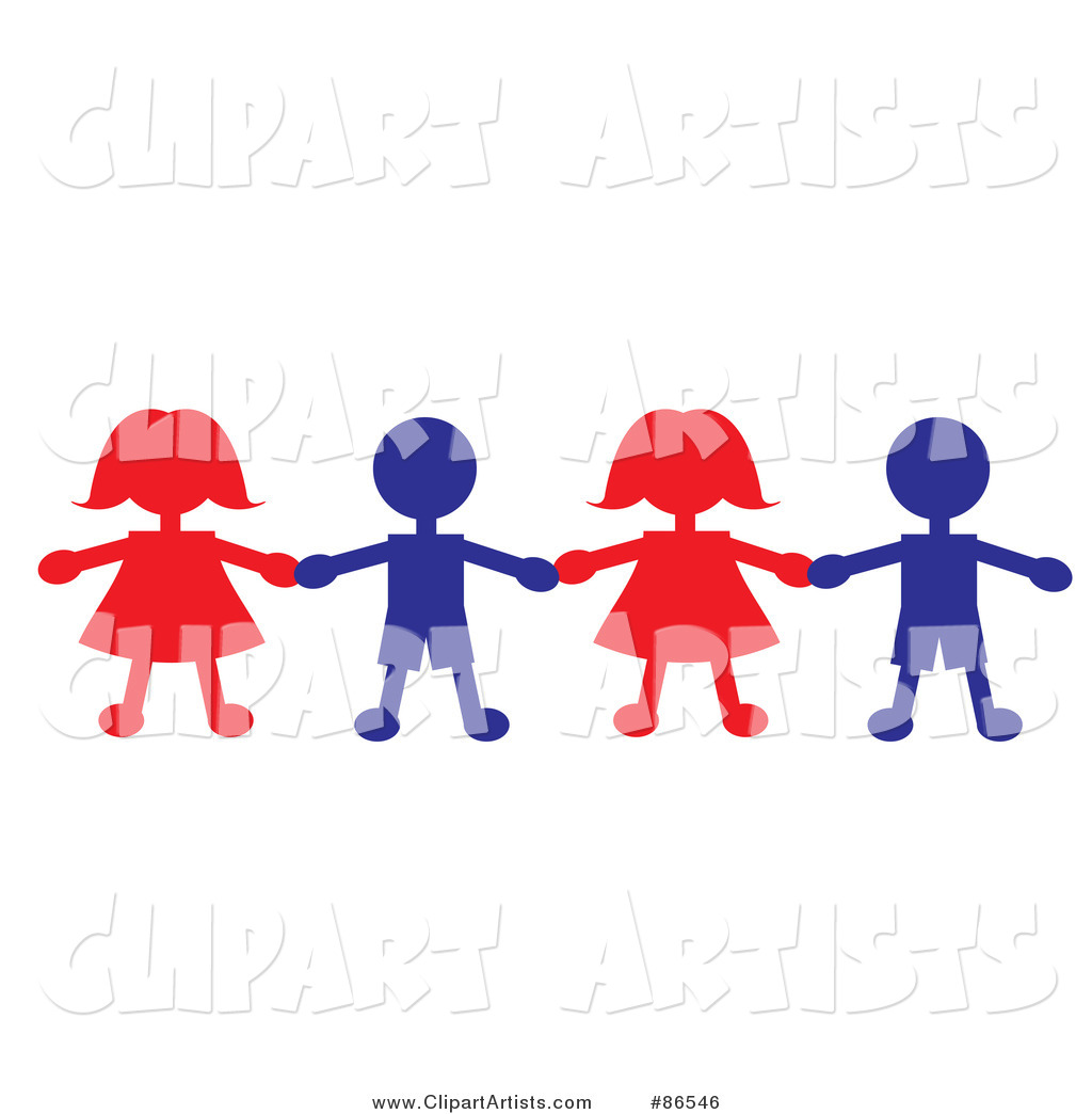 Line of Red and Blue Paper Doll Boys and Girls Holding Hands
