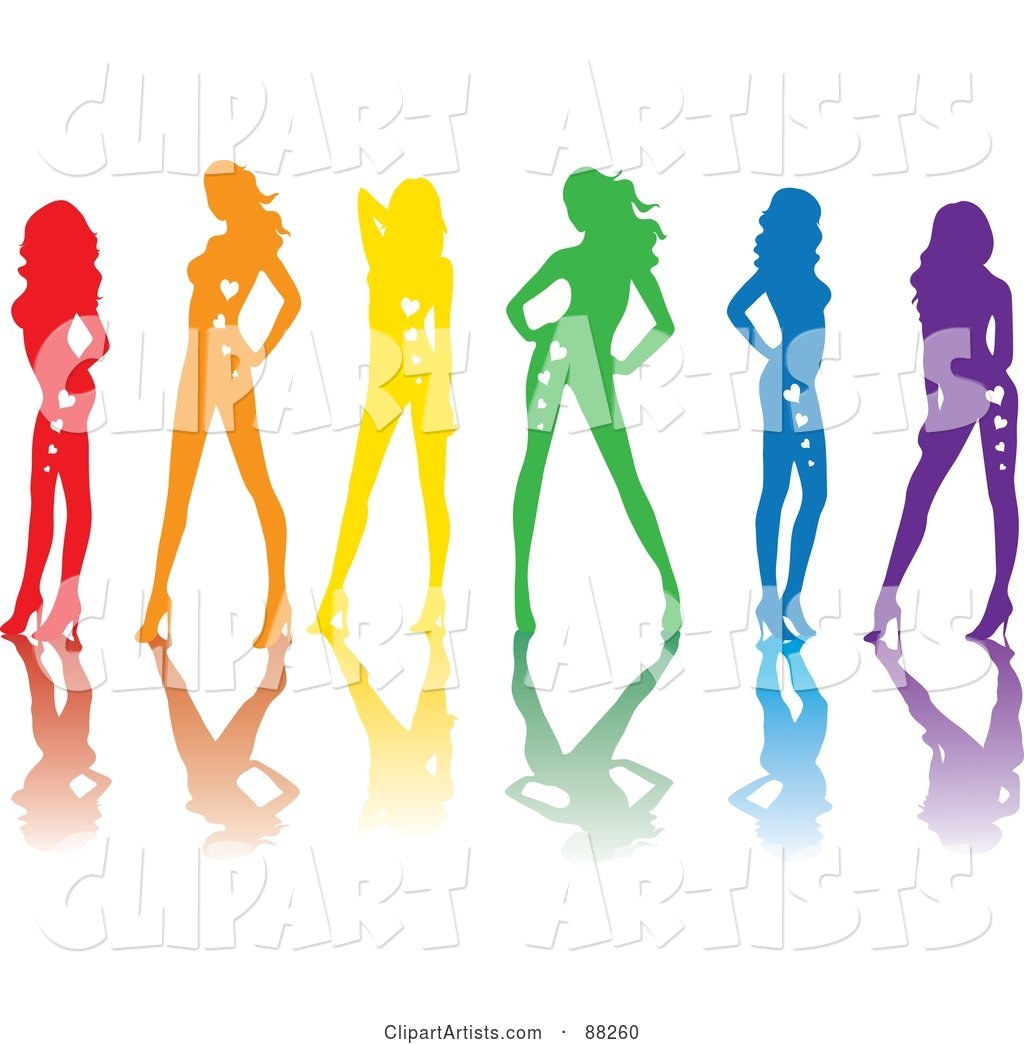 Line of Red, Orange, Yellow, Green, Blue and Purple Sexy Pinup Women with Hearts on Their Bodies and Reflections