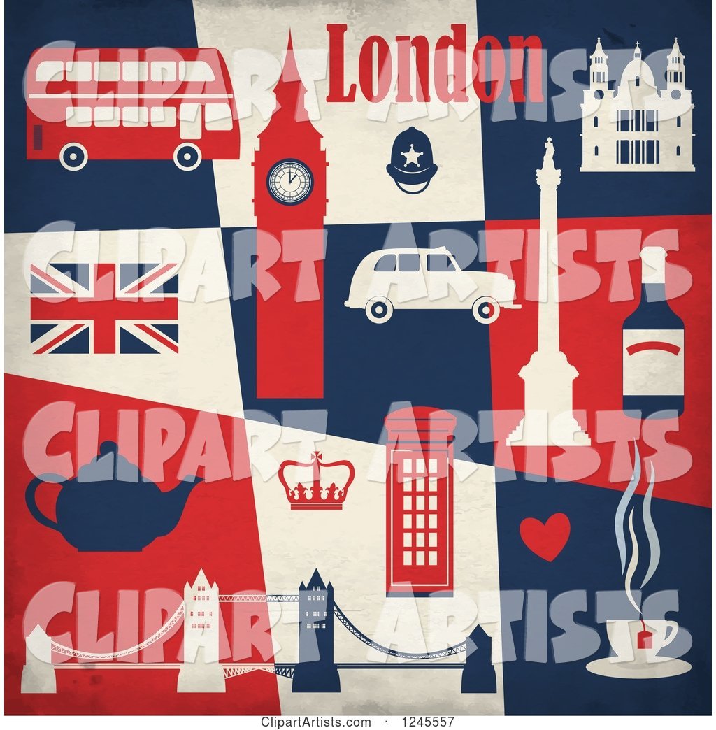 London Landmarks and Transportation over Blue Beige and Red Tiles